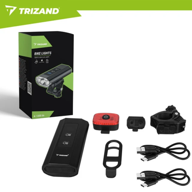Ліхтар велосипедний Trizand LED 1300 лм передній + задній USB-C 5200 мАч (5900779965164)