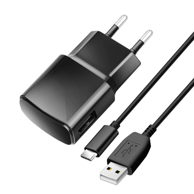 Мережевий зарядний пристрій Blue Star USB A 2A 10W з кабелем USB A to USB C Black (5901737373311)