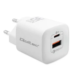 Мережевий зарядний пристрій Qoltec 50763 GaN Ultra 35 Вт 1x USB-C PD + 1x USB White (5901878507637)