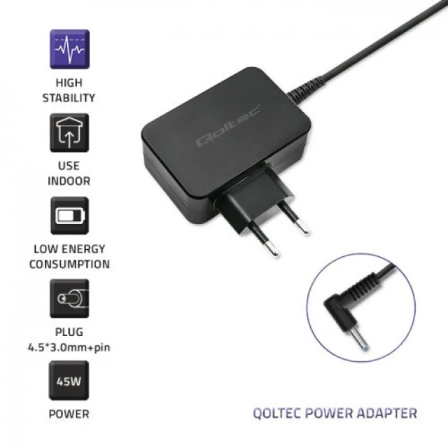 Блок живлення Qoltec для HP 45W 19.5V 2.31A 4.5x3.0+Pin (5901878510330)
