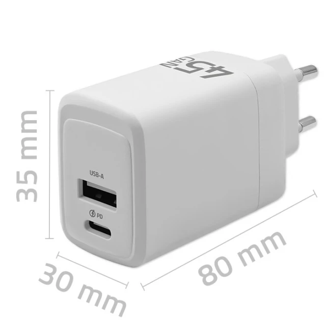 Мережевий зарядний пристрій Qoltec 51825 45 Вт GaN 1x USB-C PD 1x USB QC 3.0 White (5901878518251)