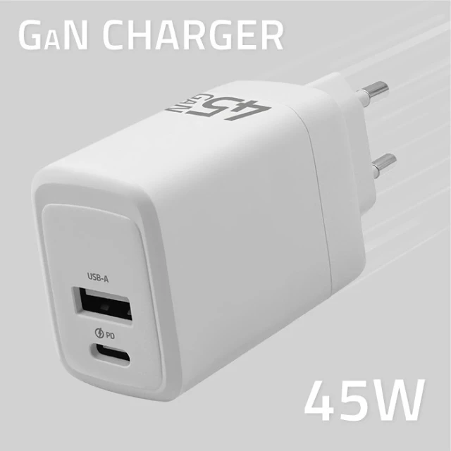 Мережевий зарядний пристрій Qoltec 51825 45 Вт GaN 1x USB-C PD 1x USB QC 3.0 White (5901878518251)