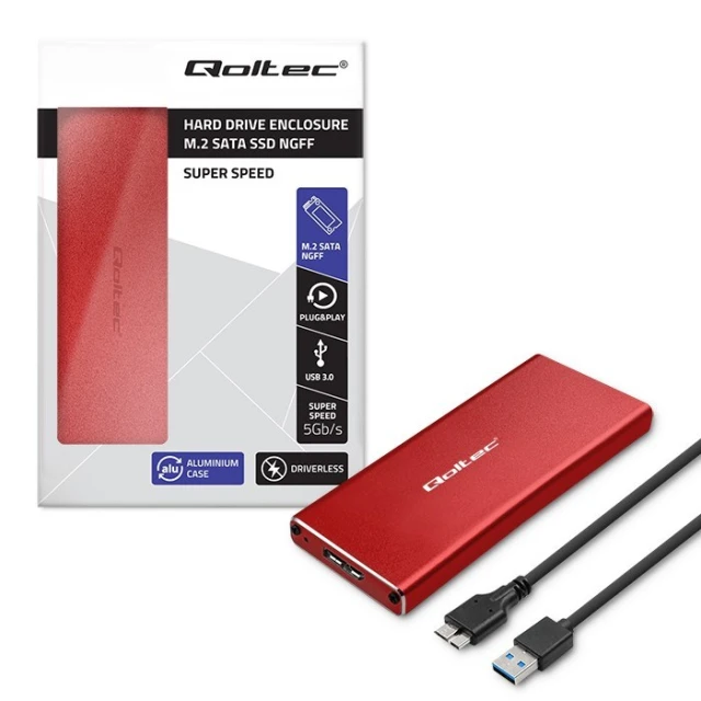 Зовнішній кишеню Qoltec для M.2 SSD SATA NGFF USB 3.0 5 Гб/с 2TB Red (5901878518312)