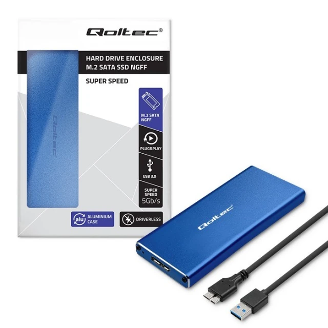 Зовнішній кишеню Qoltec для M.2 SATA SSD NGFF USB 3.0 5 Гбіт/с 2TB Blue (5901878518329)