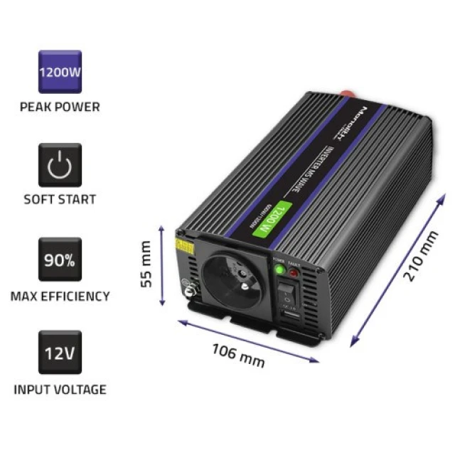 Перетворювач напруги Qoltec Monolith 1200 MS Wave 12V на 230V 600/1200 Вт USB (5901878519258)