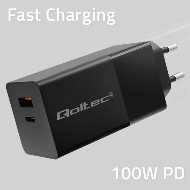 Мережевий зарядний пристрій Qoltec GaN Power Pro 100 Вт 1xUSB-C 1xUSB-A PD Black (5901878523828)