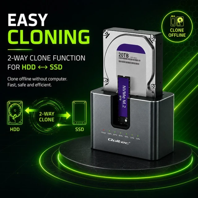 Док-станція Qoltec для HDD/SSD SATA M.2 NVMe USB-C 10 Гб/с з функцією клонування (5901878526317)