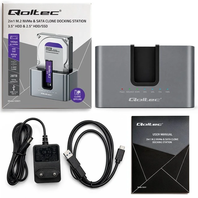 Док-станція Qoltec для HDD/SSD SATA M.2 NVMe USB-C 10 Гб/с з функцією клонування (5901878526317)