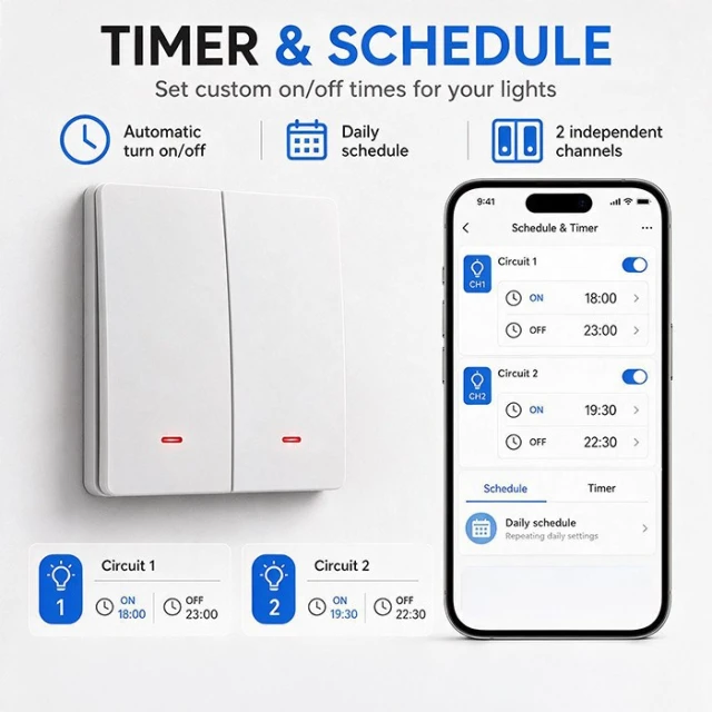 Вимикач світла Qoltec 2-канальний Wi-Fi Timer Tuya White (5901878527062)