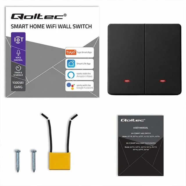 Вимикач світла Qoltec 2-канальний Wi-Fi Timer Tuya Black (5901878527086)