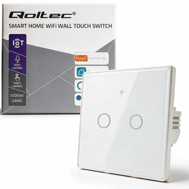 Вимикач світла сенсорний Qoltec 2-канальний Wi-Fi Timer Tuya White (5901878527161)