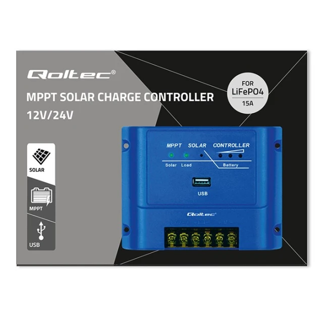 Контролер заряду Qoltec MPPT 15A 12V/24V LiFePO4 (5901878536712)