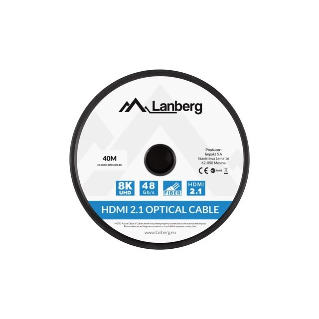 Кабель Lanberg HDMI M/M v2.1 40 м 8K оптичний AOC CA-HDMI-30FB-0400-BK Black (5901969437546)