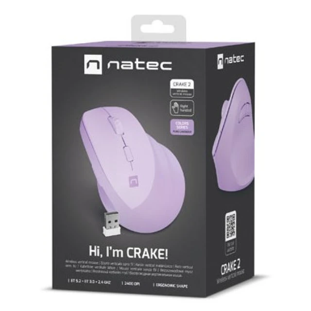 Миша Natec Crake 2 вертикальна бездротова 2400 DPI Bluetooth 5.2 + 2.4 GHz Pure Lavender (5901969445732)