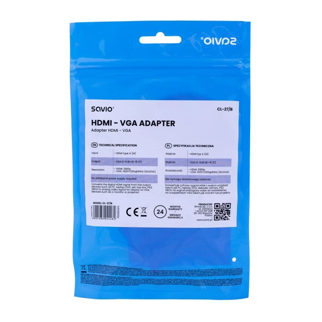 Перехідник Savio CL-27/B HDMI M - VGA F 0.1 м White (5901986044482)