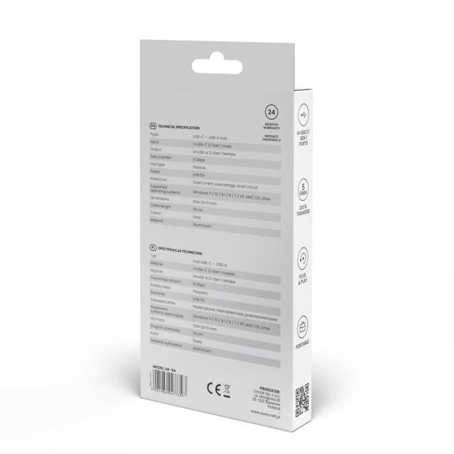 Хаб Savio AK-54 USB-C — 4 x USB-A Grey (5901986047735)