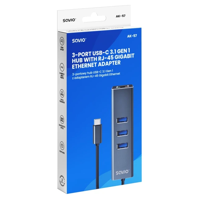 Хаб Savio AK-57 3-портовий USB-C з адаптером RJ-45 (5901986047766)