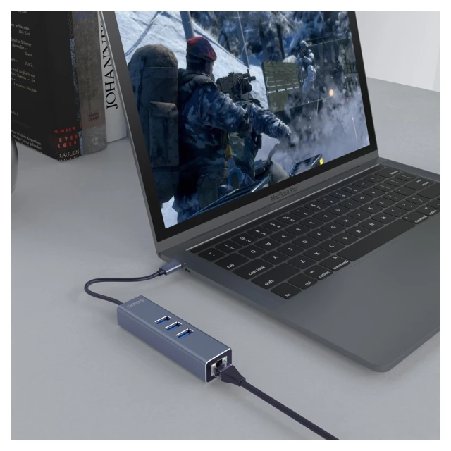 Хаб Savio AK-57 3-портовий USB-C з адаптером RJ-45 (5901986047766)