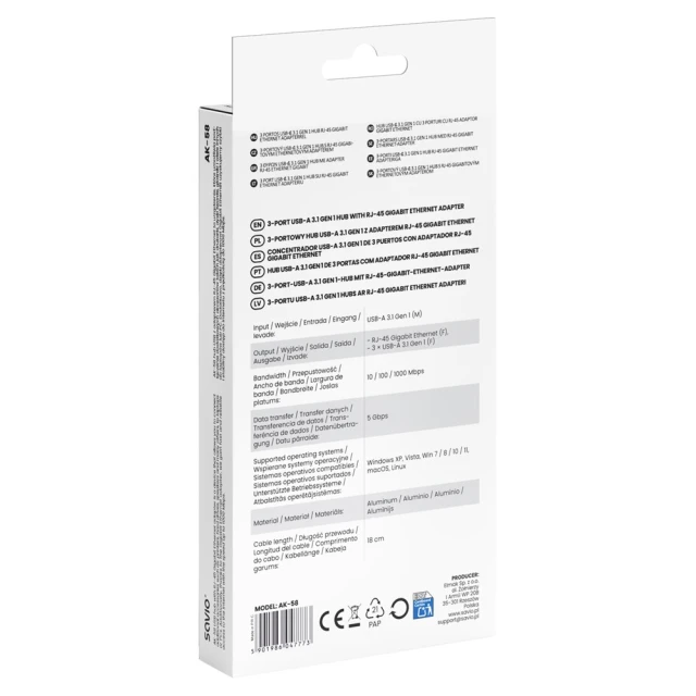 Хаб Savio AK-58 3-портовий USB-A з адаптером RJ-45 (5901986047773)