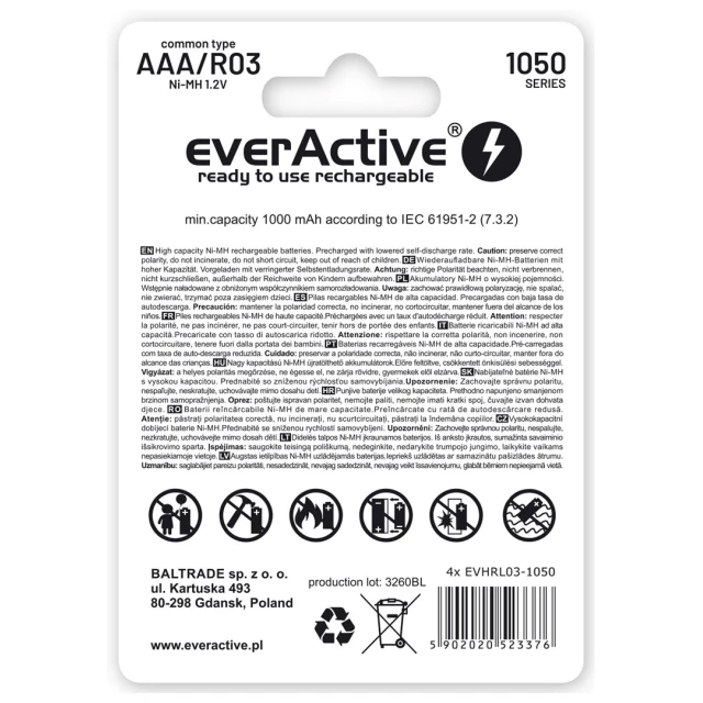 Акумуляторна батарейка everActive EVHRL03-1050 Ni-MH LSD 1050 mAh AAA 4 шт (5902020523376)