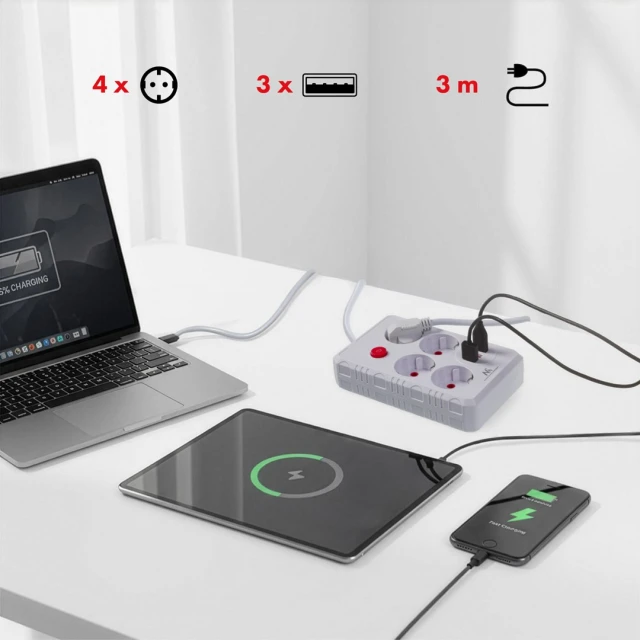 Подовжувач Maclean 4 розетки 3xUSB 3 м 2500 Вт 2,1 А White (5902211141778)