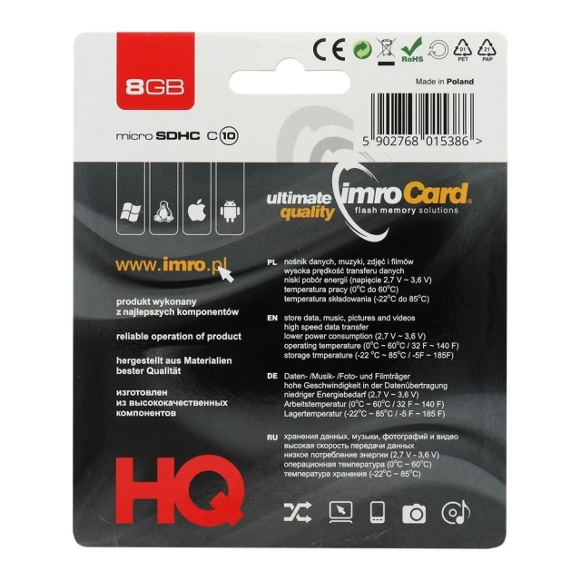 Карта памяти microSD Imro 8GB 100MB/s Class 10 UHS I (5902768015386)