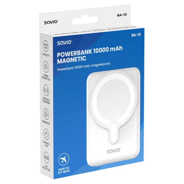 Портативний зарядний пристрій Savio BA-13 10000 mAh магнітний White (5902768707762)