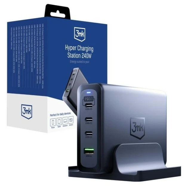 Сетевое зарядное устройство 3mk Hyper Charging Station PD 240W 3xUSB-C | USB-A Dark Blue (5903108515146)