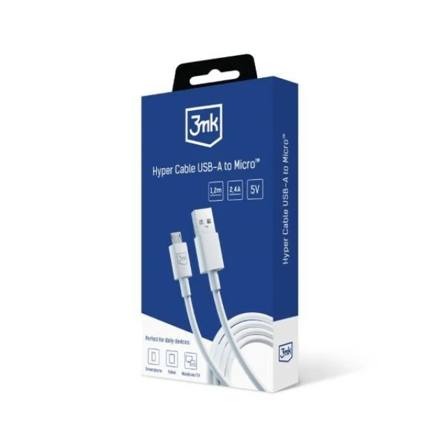 Кабель 3mk Hyper Cable USB-A - Micro USB 1.2m 5V 2.4A White (5903108541176)