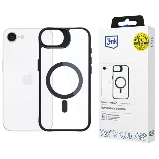 Чохол 3mk Satin Armor для iPhone 16e Black with MagSafe (5903108628631)