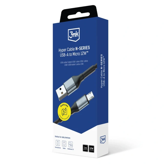 Кабель 3mk Hyper Cable N-SERIES USB-A / MicroUSB 1m 5V/2.4A 12W Чорний (5903108680349)