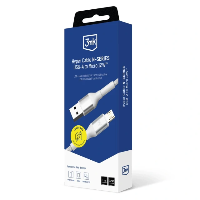Кабель 3mk Hyper Cable N-SERIES USB-A / MicroUSB 1m 5V/2.4A 12W Білий (5903108680356)
