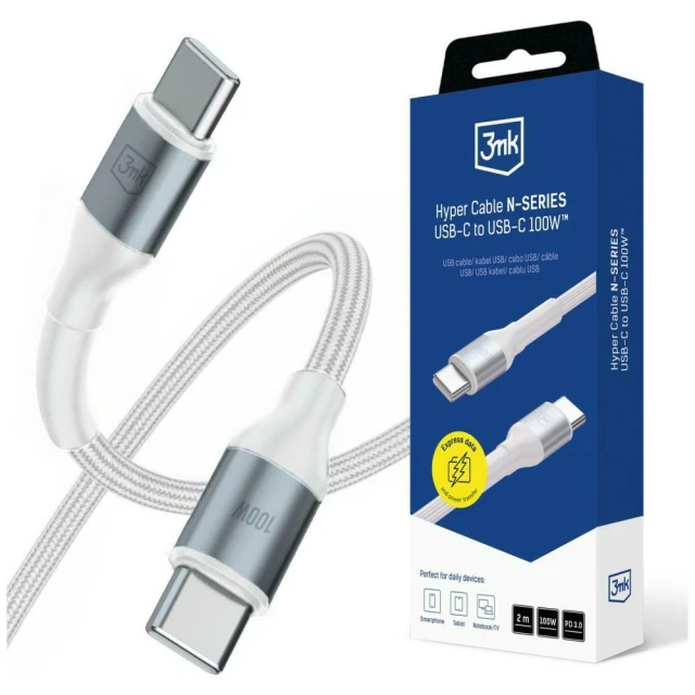 Кабель 3mk Hyper Cable N-SERIES USB-C to USB-C 2m PD 3.0 QC 3.0 20V/5A 100W Білий (5903108740760)
