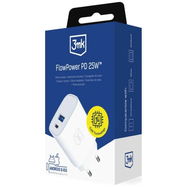 Мережевий зарядний пристрій 3mk FlowPower USB-A + USB-C 25W PD QC4+ White (5903108750790)