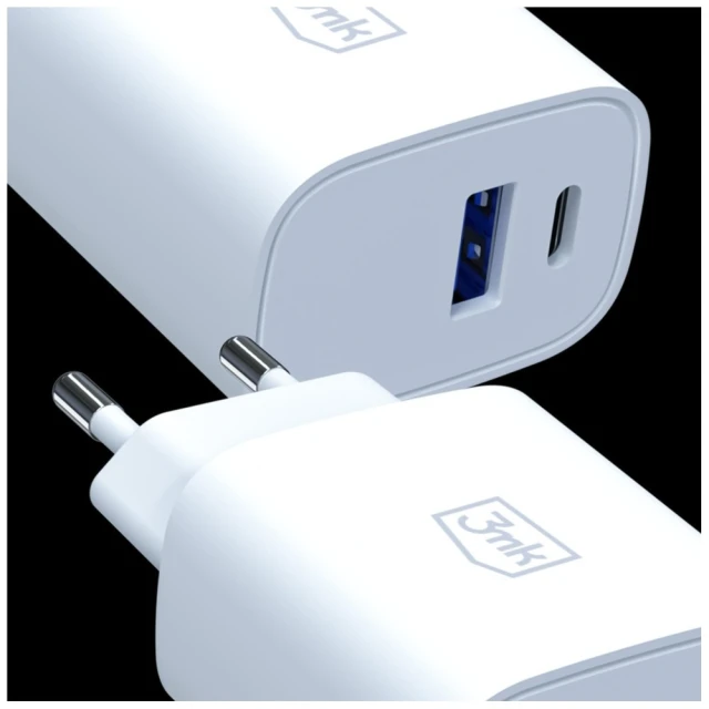Мережевий зарядний пристрій 3mk FlowPower USB-A + USB-C 30W PD 3.0 QC4+ White (5903108750820)
