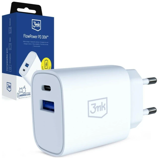 Мережевий зарядний пристрій 3mk FlowPower USB-A + USB-C 30W PD 3.0 QC4+ White (5903108750820)