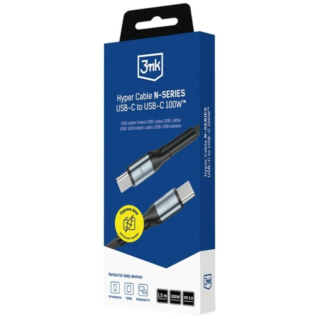 Кабель 3mk Hyper Cable N-Series USB-C to USB-C 1.5m 20V/5A 100W Black (5903108758192)
