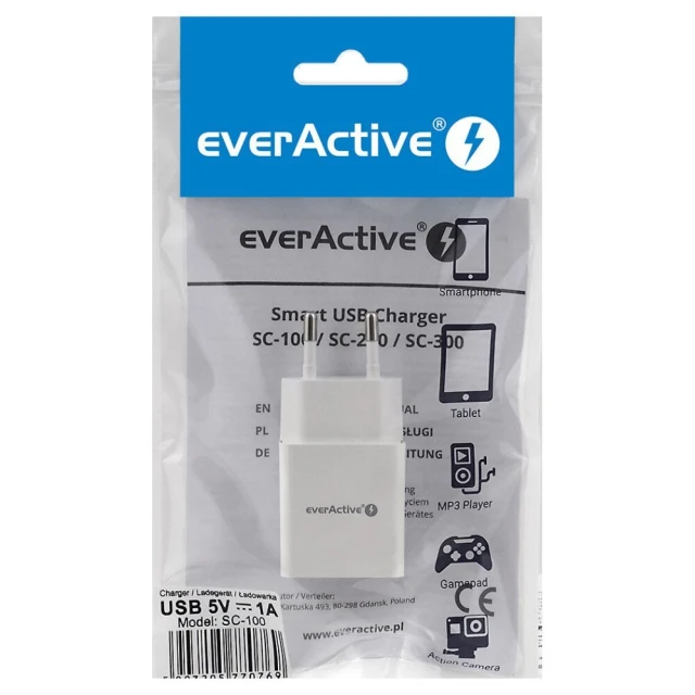 Мережевий зарядний пристрій everActive SC-100 USB White (5903205770769)