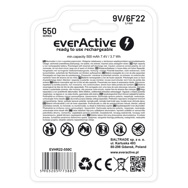 Акумуляторна батарейка everActive 6F22 9V Li-Ion 550 mAh з USB Type-C EVHR22-550C (5903205773883)