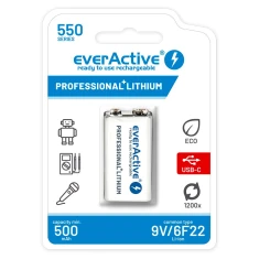 Акумуляторна батарейка everActive 6F22 9V Li-Ion 550 mAh з USB Type-C EVHR22-550C (5903205773883)