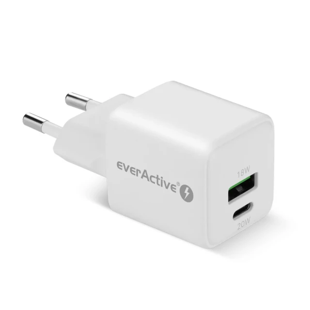 Мережевий зарядний пристрій everActive SC-330Q GaN 1x USB 1x USB-C Quick Charge 3.0 20 Вт White (5903205774477)