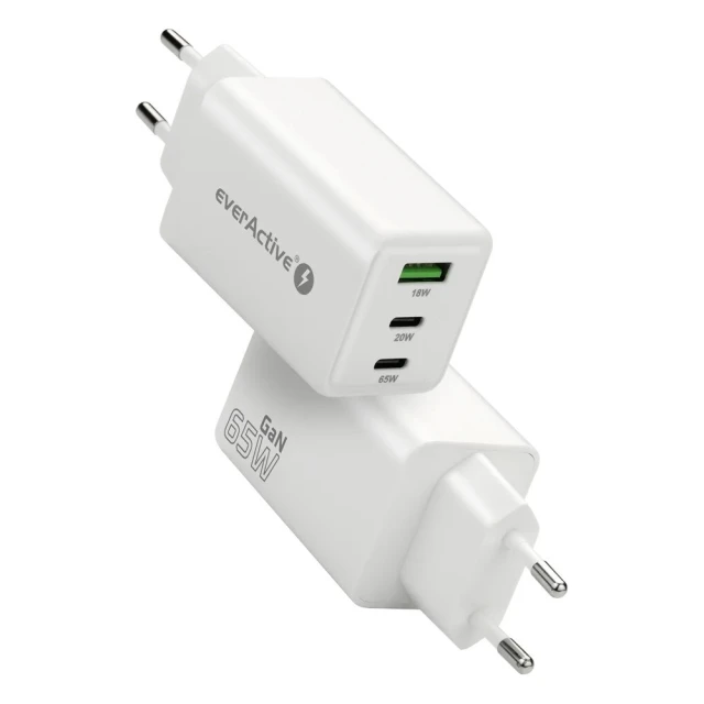 Мережевий зарядний пристрій everActive SC-655Q GaN 1x USB + 2x USB-C QC 4+ 65 Вт White (5903205775276)