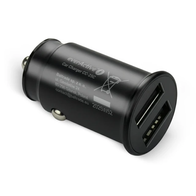 Автомобільний зарядний пристрій everActive CC-25C 2x USB з кабелем Black (5903205775894)