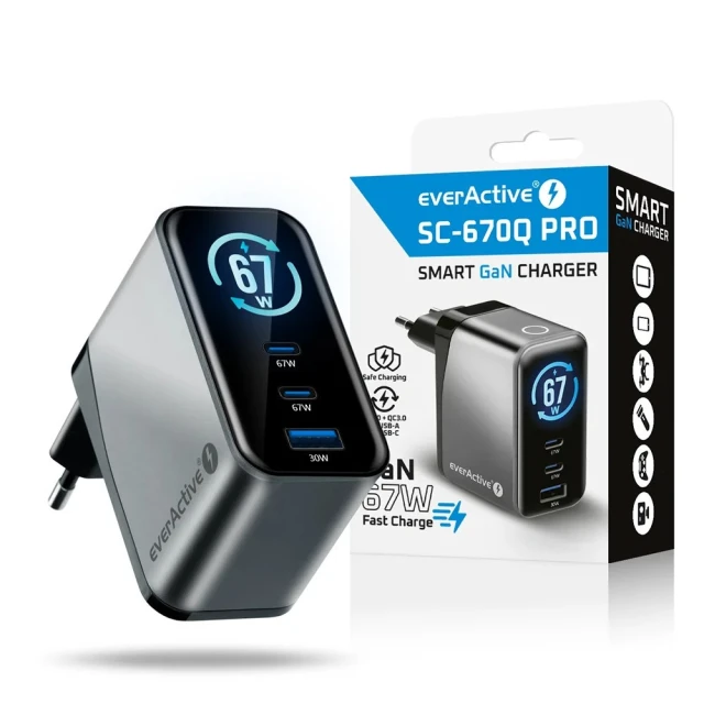 Мережевий зарядний пристрій everActive SC-670Q GaN 1x USB 2x USB-C Quick Charge 4+ 67 Вт Black (5903205775900)