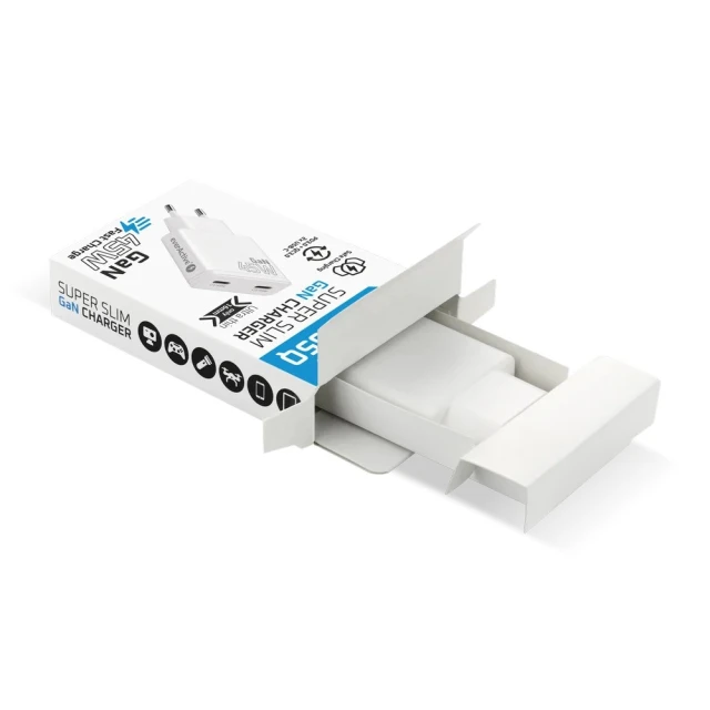 Мережевий зарядний пристрій everActive SC-465Q GaN Super Slim 2x USB-C PD 45 Вт White (5903205775924)