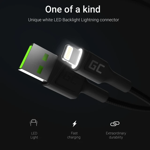 Кабель Green Cell Ray USB-Lightning 200см White LED 2.4A (KABGC12)