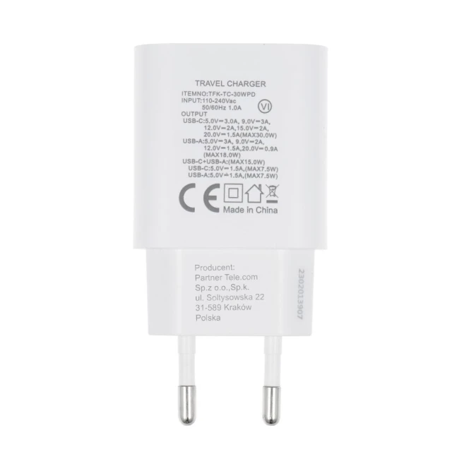 Зарядний пристрій Forcell F-Energy USB C + USB A QC4.0 PD 3A 30W White (5903396198052)
