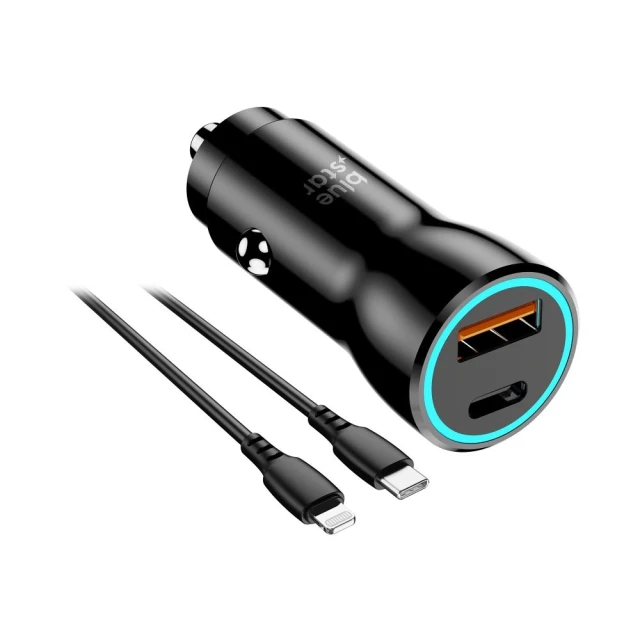 Автомобільний зарядний пристрій Blue Star USB C + USB A QC3.0 PD 25W + кабель USB C на Lightning Black (5903396275807)