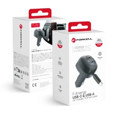 Автомобільний зарядний пристрій Forcell F-Energy Alu USB C + USB A + висувний кабель USB C PD QC4.0 SFC2.0 3A 75W Black (5903396387470)