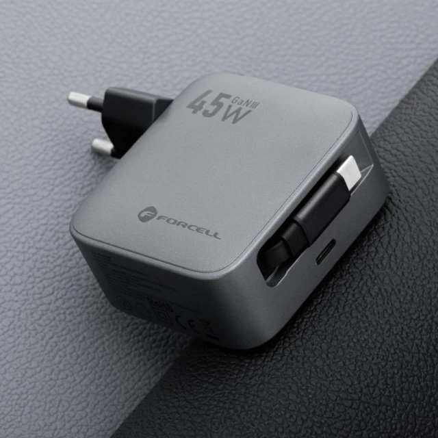 Зарядний пристрій Forcell F-Energy GaN USB C + кабель USB C PD QC4.0 3A 45W Grey (5903396390821)